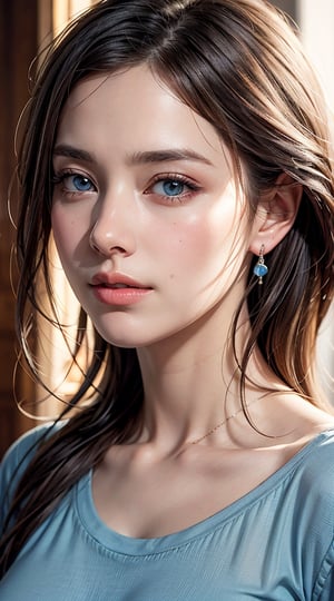 (best quality,masterpiece, photorealistic, highly detailed), a close-up portrait of 1 beautiful girl, in her 20s, (wearing a light blue tshirt), earrings, big breasts, beauttiful detailed faces, beautiful detailed eyes, realistic detailed skin texture, blonde long  wave hair, detailed hair, sharp focus,xxmix_girl,fantasy_princess,full body