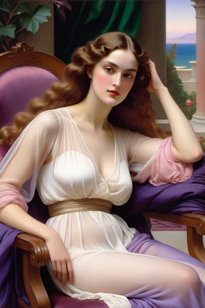 It represents a work of art by Frederic Leighton in which we can see a beautiful European woman sitting on a Renaissance chair wearing a beautiful transparent White tunic in which both the flesh and the quality of the textile are reflected, (we can see through her clothes her beautiful breasts with carmine-colored breasts and her sexy legs) (palette of pastel colors (pink, purple, violet, blue and green)
(beautiful garden in the background)
(dynamic light),detailmaster2