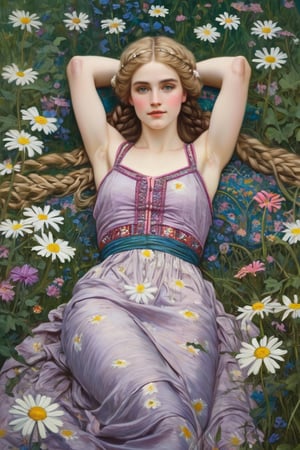 In this work by John William Waterhouse we can see a beautiful European woman with blonde, braided hair and blue eyes lying on her back in an immense field of daisies, with intricate details in the vividness of the foliage and flowers, exquisite textile quality, bright colors with a palette of vivid colors (pink, purple, yellow, blue, green), in spring, at dawn, (oil on canvas) (romanticism)(smiling) aerial view (using arm like a pillow)(there is butterfly around)