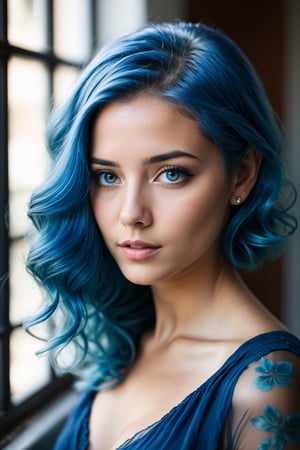 An intimate portrait of a blue hair girl taken by a talented portrait photographer. Utilizing a medium format camera with a 105mm lens, f/4, and ISO 100, the photographer masterfully captures the subject’s innocence and curiosity through the use of natural light. –ar 16:9