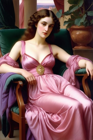 It represents a work of art by Frederic Leighton in which we can see a beautiful European woman sitting on a Renaissance chair wearing a beautiful transparent pink tunic in which both the flesh and the quality of the textile are reflected, (we can see through her clothes her beautiful breasts with carmine-colored breasts and her sexy legs) (palette of pastel colors (pink, purple, violet, blue and green)
(beautiful garden in the background)
(dynamic light)