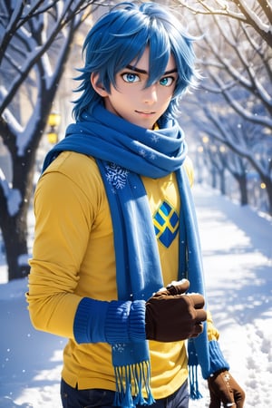 grusha, 1boy male focus, long hair blue hair shiny hair eyelashes, scarf yellow shirt long sleeves, mitten, snow, looking at viewer, outdoors, blizzard, backlighting, from below,more_details:-1, more_details:0, more_details:0.5, more_details:1, more_details:1.5