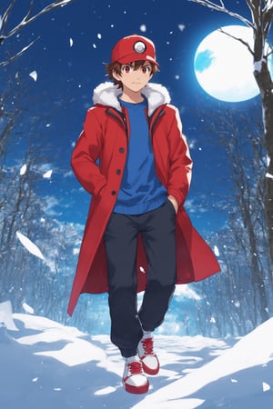 (official art Kioto animation), montain, snowing, black shirt, 1boy, blue theme, front view, snow particles, red_masters, red coat, red baseball cap, blue pants, white shoes, brown eyes, brown hair, more_details:-1, more_details:0, more_details:0.5, more_details:1, more_details:1.5, more_details:-1, more_details:0, more_details:0.5, more_details:1, more_details:1.5, red_masters, red coat, red baseball cap, blue pants, white shoes, brown eyes, brown hair
(Holding a small PokeBall detailedly)