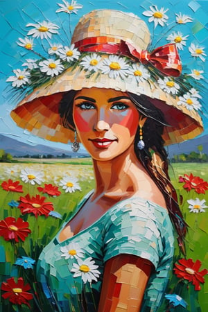 Palette knife painting by Christian Jequel represents a germous woman with a palm hat very elaborate with daisies, in the background you can see a beautiful field of flowers, of living colofes, color palette (green, blue, red, carmine, light blue)(spring )
