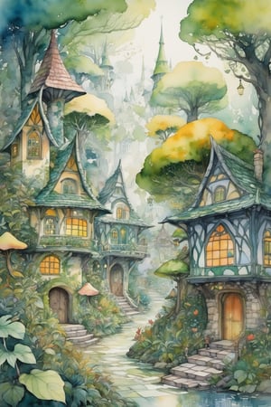 Brian Freud's masterpiece shows a small intricate city in the forest full of fairies walking on the street, elves and elves, we see small houses made of tree branches and leaves, (fantasy) (illustration)(watercolors) (8k)(bright colors)