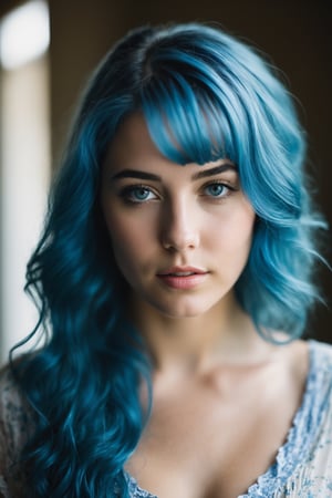 An intimate portrait of a blue hair girl taken by a talented portrait photographer. Utilizing a medium format camera with a 105mm lens, f/4, and ISO 100, the photographer masterfully captures the subject’s innocence and curiosity through the use of natural light. –ar 16:9