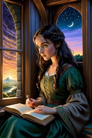 An ingenious representation of J.R.R. Tolkien's world, a( beautiful girl )(front view view)reading a book seen through the window, under a twilight sky. The scene, reflecting Tolkien's unique writing style, is filled with characters, places and events directly inspired by his "Lord of the Rings" series. 
Masterpiece 
(Intricated details )
Ad more details: 1.5