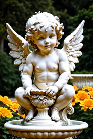 Sculpture of a fountain of a beautiful winged cherub child (side view)(intricate details) at (noon) in a beautiful garden full of flowers gallery that houses trees (in the background a Renaissance style house). Each masterful detail, a testimony of the (Renaissance), embodies (beauty/religious), (By Michelangelo (resonates with sublime artistry. The scene is a poetic tribute to the eternal beauty of sculpture. --Ar 16:9
(Master piece)(white color),detailmaster2