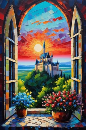 Palette knife painting by Christian jequel represents a gothic architecture castle,(is there too many flowers holding from the window)of  living color palette (green, blue, red, carmine, light blue)(spring )(sunset)