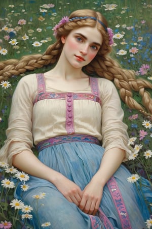 In this work by John William Waterhouse we can see a beautiful European woman with blonde, braided hair and blue eyes lying on her back in an immense field of daisies, with intricate details in the vividness of the foliage and flowers, exquisite textile quality, bright colors with a palette of vivid colors (pink, purple, yellow, blue, green), in spring, at dawn, (oil on canvas) (romanticism)(smiling) aerial view (using arm like a pillow)(there is butterfly around)(aesthetic inspired in flowers)