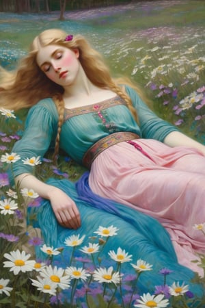 In this work by John William Waterhouse we can see a beautiful European woman with blonde hair and blue eyes lying on her back in an immense field of daisies, with intricate details in the vividness of the foliage and flowers, exquisite textile quality, vivid colors with a palette of colors (pink, purple, yellow, blue, green), in spring, at dawn, (oil on canvas) (romanticism)