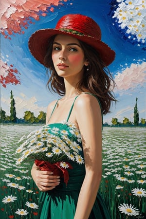 Palette knife painting by Christian Jequel represents a germous woman with a palm hat very elaborate with daisies, in the background you can see a beautiful field of flowers, of living colofes, color palette (green, blue, red, carmine, light blue)(spring )