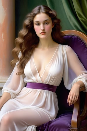It represents a work of art by Frederic Leighton in which we can see a beautiful European woman sitting on a Renaissance chair wearing a beautiful transparent White tunic in which both the flesh and the quality of the textile are reflected, (we can see through her clothes her beautiful breasts with carmine-colored breasts and her sexy legs) (palette of pastel colors (pink, purple, violet, blue and green)
(beautiful garden in the background)
(dynamic light),detailmaster2(nude)