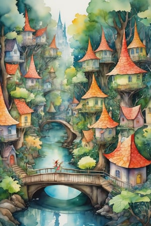 Brian Freud's masterpiece shows a small intricate city in the forest full of fairies walking on the street, elves and elves, we see small houses made of tree branches and leaves, (fantasy) (illustration)(watercolors) (8k)(bright colors)