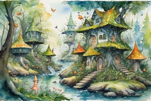Brian Freud's masterpiece shows a small intricate city in the forest full of fairies, elves and elves, we see small houses made of tree branches and leaves, (fantasy) (illustration)(watercolors) (8k)