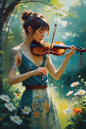 Oil painting, heavy brush strokes, paint splashes. A breathtaking scene of a tattooed girl playing the violin   in a beautiful garden with flowers, plants and trees. Jeremy Mann, Carne Griffiths, Robert Oxley. Rich, deep colors. Image in cell-shaded layers. Beautiful face, perfect anatomy, perfect eyes, detailed eyes, golden ratio, award-winning, professional, highly detailed, centered, symmetry, painted, intricate, volumetric lighting, gorgeous, masterpiece, sharp focus, depth of field, perfect composition, winner award, high resolution 8k, pixiv trends, artstation, acrylic painting, pixiv trends fanbox, palette and brushstrokes, makoto shinkai style jamie wyeth james gilleard edward hopper greg rutkowski studio ghibli genshin impact