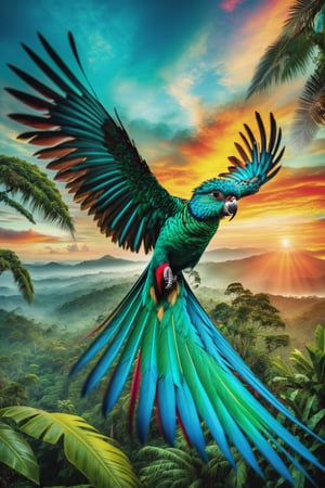 Close up of a ((Quetzal)) flying over a tropical forest (summer)(sunrise) (hyperrealistic)
you can see every feather and color of this beautiful bird
(vibrant colors)
Each piece of this beautiful photograph evokes the beauty and perfection of the works of ((Trey Ratcliff))
(intricate details)
(masterpiece)