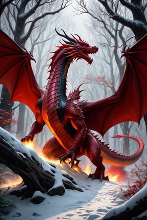 a medieval beautiful dragon(red color) fighting with a knight in a dark forest of leafless trees, it is snowing, snow particles, the dragon is preparing to throw fire, (greg rutkowski)(fire particles)(masterpiece)