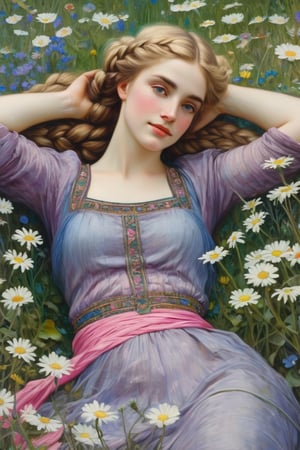 In this work by John William Waterhouse we can see a beautiful European woman with blonde, braided hair and blue eyes lying on her back in an immense field of daisies, with intricate details in the vividness of the foliage and flowers, exquisite textile quality, bright colors with a palette of vivid colors (pink, purple, yellow, blue, green), in spring, at dawn, (oil on canvas) (romanticism)(smiling) aerial view (using arm like a pillow)