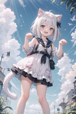 absurdres, highres, colorful BREAK one (loli:0.4) cat girl and small kittens cats, paw pose, white cat, cat ears, cat tail, (smile, happy), open mouth, colorful pattern, Cat face pattern, Footprint pattern, (fullbody:0.8) BREAK (solo:1.3), (cute illustration:0.5),(fuwafuwa illustration:0.8), (white background:0.25), standing BREAK