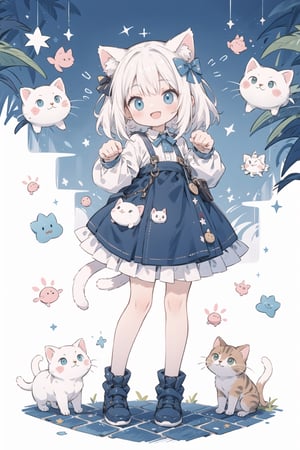 absurdres, highres, colorful BREAK one (loli:0.4) cat girl and small kittens cats, paw pose, white cat, cat ears, cat tail, (smile, happy), open mouth, colorful pattern, Cat face pattern, Footprint pattern, (fullbody:0.8) BREAK (solo:1.3), (cute illustration:0.5),(fuwafuwa illustration:0.8), (white background:0.25), standing BREAK