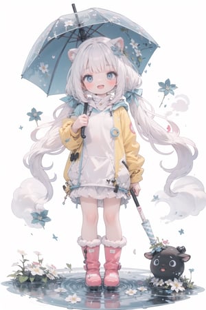 1girl,rainbow,raincoat,yellow raincoat,rubber boots,hydrangea,flower,long hair,twintails,boots,blush,umbrella,open mouth,hair ornament,white background,hood,solo,teruterubouzu,very long hair,hood up,long sleeves,low twintails,bow,bangs,smile,animal hood,blue eyes,rabbit,closed umbrella,puddle,full body,:d,snail,yellow footwear,simple background,pink flower,standing,leaf umbrella,holding umbrella,food-themed hair ornament,hair bow,animal ears,holding,blonde hair,hair flower,rain,animal,