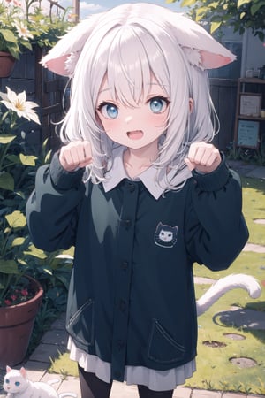 absurdres, highres, colorful BREAK one (loli:0.4) cat girl and small kittens cats, paw pose,white hair, white cat, cat tail, (smile, happy), open mouth, colorful pattern, Cat face pattern, Footprint pattern, (fullbody:0.8) BREAK (solo:1.3), (cute illustration:0.5),(fuwafuwa illustration:0.8), (white background:0.25), standing BREAK, (ears down:1.5), blue eyes,
