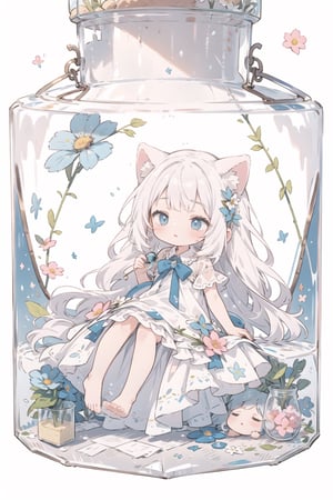  solo, 1girl, pastel color hair, dreamy dress, barefoot, sleeping, in the big flower, tiny girl, animal ears,long hair,(in glass container:1.5),white hair,blue eyes