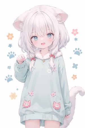 absurdres, highres, colorful BREAK one (loli:0.4) cat girl and small kittens cats, paw pose,white hair, white cat, cat tail, (smile, happy), open mouth, colorful pattern, Cat face pattern, Footprint pattern, (fullbody:0.8) BREAK (solo:1.3), (cute illustration:0.5),(fuwafuwa illustration:0.8), (white background:0.25), standing BREAK, (ears down:1.5), blue eyes,
