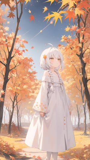  wallpaper,colorful,Tyndall effect,(autumn maple forest:1.3),(very few fallen leaves),(path),stars,flower sea,starry sky,flowers meadows,Dreamy forest,strong rim light, 1girl, bare shoulders, white hair, blinking, white dress, closed mouth, constel lation, yellow eyes, flat color, braid, blinking, white robe, float, closed mouth, constel lation, flat color, looking up, standing, medium hair, standing, solo, 