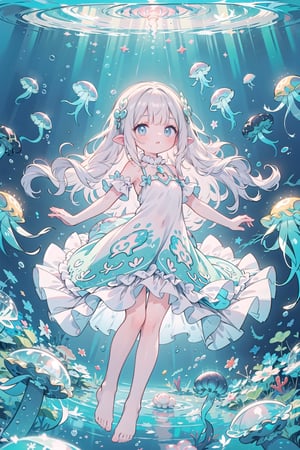 (girl with jellyfish motif:1.3), (flowing translucent dress:1.2), (luminous glow:1.3), (long wavy hair resembling tentacles:1.2), (delicate and graceful movements:1.3), (underwater ambiance:1.2), (floating effortlessly:1.2), (soft pastel colors:1.1), (ethereal beauty:1.3), (surrounded by small jellyfish:1.2), (gentle expression:1.1), (reflective eyes like deep sea:1.2), (barefoot with delicate feet:1.0), (ambient bubbles around:1.1), (mysterious aura:1.2), nsfw
