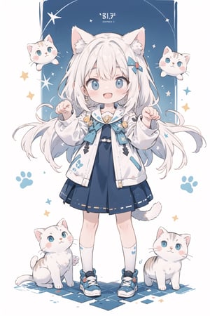 absurdres, highres, colorful BREAK one (loli:0.4) cat girl and small kittens cats, paw pose, white cat, cat ears, cat tail, (smile, happy), open mouth, colorful pattern, Cat face pattern, Footprint pattern, (fullbody:0.8) BREAK (solo:1.3), (cute illustration:0.5),(fuwafuwa illustration:0.8), (white background:0.25), standing BREAK