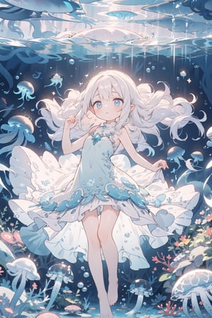  (girl with jellyfish motif:1.3), (flowing translucent dress:1.2), (luminous glow:1.3), (long wavy hair resembling tentacles:1.2), (delicate and graceful movements:1.3), (underwater ambiance:1.2), (floating effortlessly:1.2), (soft pastel colors:1.1), (ethereal beauty:1.3), (surrounded by small jellyfish:1.2), (gentle expression:1.1), (reflective eyes like deep sea:1.2), (barefoot with delicate feet:1.0), (ambient bubbles around:1.1), (mysterious aura:1.2), nsfw
