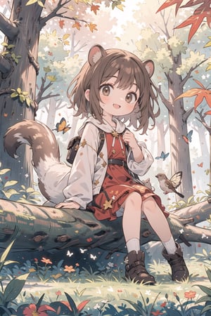 1girl, apricot brown hair, medium hair, brown eyes, smile, sitting on fallen tree, autumn forest, dappled sunlight, deer, squirrel, bird, butterfly style