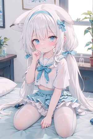 masterpiece, 1girl, loli, lazy, shiny eyes, , heterochromia, cute, (white layered skirt:1.6), (blue layered skirt:1.6), white high-waist skirt, (cropped shirt:1.6), sailor shirt, (blue chest bow:1.5), (fox ears:1.2), (low twintails:1.6), very long hair, grey hair, (huge breasts:1.0), hair bell, (lolita hairband:1.2), (white pantyhose:1.3), (bedroom:1.4), glowing eyes, , bow, stiletto heels, sitting, thigh bow, lying,wariza, indoors, (nsfw), ears down,(tearing up:1.3),,(moaning:1.0)