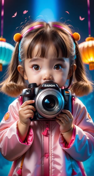 little girl,camera,Gradient background,Mid-Autumn Festival atmosphere,Bottom View,Symmetrical composition,close-Up,cyberpunk,Cinematic light,Fluffy texture