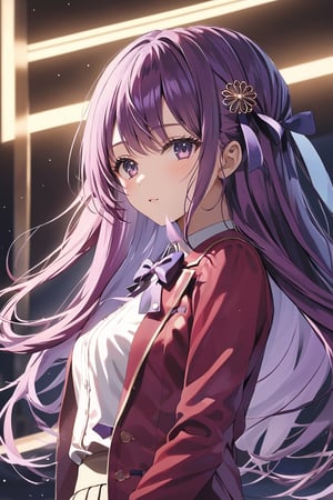 masterpiece, best quality, 8k, 8k UHD, ultra-high resolution, ultra-high definition, highres, cinematic lighting
,//Character, 
1girl, solo, masumi kamuro, 1girl, long hair, hairclip, hair ornament, purple eyes, one side up, purple hair, ribbon, hair ribbon, very long hair
,//Fashion, 
white shirt, red jacket, bowtie, pleated_skirt
,//Background, 
,//Others, ,Expressiveh