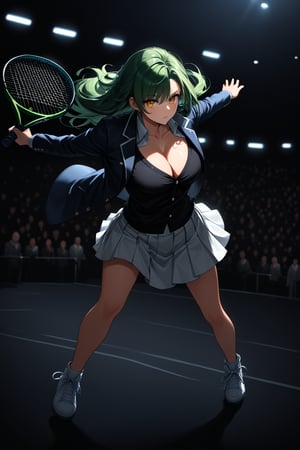 masterpiece, best quality, 8k, 8k UHD, ultra-high resolution, ultra-high definition, highres, cinematic lighting
,//Character, 
1girl, solo, yellow eyes, green hair, long hair, straight hair
,//Fashion, 
shirt, jacket, blazer, skirt, white skirt, cleavage
,//Background, 
,//Others, ,Expressiveh,
holding tennis racket