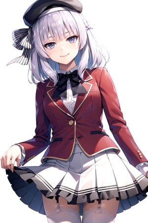 //Quality,
masterpiece, best quality
,//Character,
1girl, solo
,//Fashion,
,//Background,
white_background, simple_background
,//Others,
,aaarisu, medium hair, braid, blunt bangs, beret, black headwear, hat ribbon, blue bowtie, red jacket, blazer, long sleeves, white skirt, pleated skirt, garter straps, white thighhighs, smile