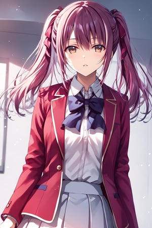 masterpiece, best quality, 8k, 8k UHD, ultra-high resolution, ultra-high definition, highres, cinematic lighting
,//Character, 
1girl, solo, ichika amasawa, 1girl, long hair, sidelocks, bangs, brown eyes, ribbon, hair between eyes, hair ribbon, red ribbon, purple hair, pink hair, twintails
,//Fashion, 
white shirt, red jacket, bowtie, pleated_skirt
,//Background, 
,//Others, ,Expressiveh