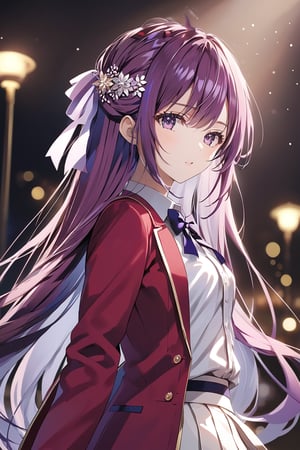 masterpiece, best quality, 8k, 8k UHD, ultra-high resolution, ultra-high definition, highres, cinematic lighting
,//Character, 
1girl, solo, masumi kamuro, 1girl, long hair, hairclip, hair ornament, purple eyes, one side up, purple hair, ribbon, hair ribbon, very long hair
,//Fashion, 
white shirt, red jacket, bowtie, pleated_skirt
,//Background, 
,//Others, ,Expressiveh