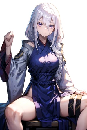 //Quality,
masterpiece, best quality
,//Character,
1girl, solo
,//Fashion, 
,//Background,
white_background
,//Others,
,spread legs, 
,Shiraori, (white hair, long hair, white colored hair, hair between eyes, braid, long singular braid:1.2)
