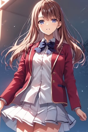 masterpiece, best quality, 8k, 8k UHD, ultra-high resolution, ultra-high definition, highres, cinematic lighting
,//Character, 
1girl, solo, chiaki matsushita, 1girl, brown hair, long hair, blue eyes, bangs, very long hair
,//Fashion, 
white shirt, red jacket, bowtie, pleated_skirt
,//Background, 
,//Others, ,Expressiveh