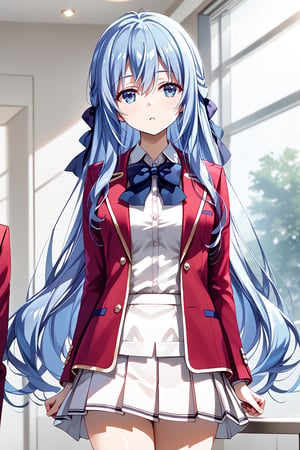 masterpiece, best quality, 8k, 8k UHD, ultra-high resolution, ultra-high definition, highres, cinematic lighting
,//Character, 
1girl, solo, hiyori shiina, 1girl, long hair, very long hair, blue eyes, hair ribbon, ribbon, blue hair, hair bow, hair between eyes
,//Fashion, 
white shirt, red jacket, bowtie, pleated_skirt
,//Background, 
,//Others, ,Expressiveh