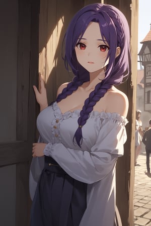 score_9,score_8_up,score_7_up,score_6_up, masterpiece, best quality, highres
,//Character, 
1girl, solo, long hair, purple hair, single braid, red eyes
,//Fashion, 

,//Background, 
,//Others, ,Expressiveh, 
A young woman in a medieval village, looking worried, surrounded by concerned villagers, dark shadows lurking in the background, ominous atmosphere,TatibanaYuStyle