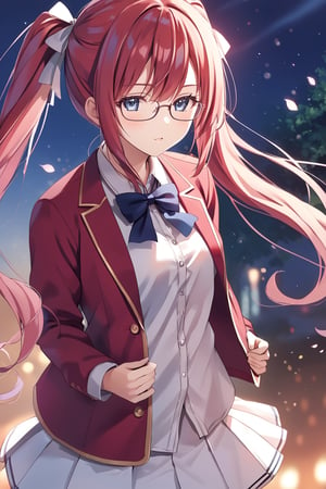 masterpiece, best quality, 8k, 8k UHD, ultra-high resolution, ultra-high definition, highres, cinematic lighting
,//Character, 
1girl, solo, airi sakura, glasses, very long hair, blue eyes, twintails, red hair, low twintails, pink hairwhite shirt, red jacket, bowtie, pleated_skirt
,//Fashion, 
,//Background, 
,//Others, ,Expressiveh