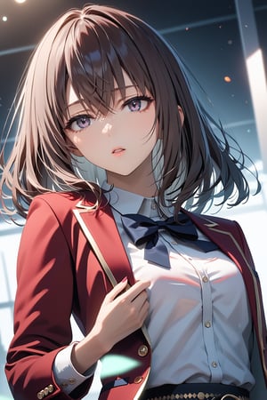 masterpiece, best quality, 8k, 8k UHD, ultra-high resolution, ultra-high definition, highres, cinematic lighting
,//Character, 
1girl, solo, sakurako tsubaki, purple eyes, bangs, long hair, parted lips, hair between eyes, medium hair
,//Fashion, 
white shirt, red jacket, bowtie, pleated_skirt
,//Background, 
,//Others, ,Expressiveh