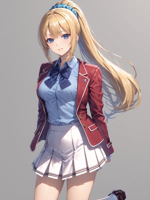 //Quality, masterpiece, best quality, detailmaster2, 8k, 8k UHD, ultra-high resolution, ultra-high definition, highres,
//Character, 1girl, solo, ,
//Fashion,
//Background, white_background,
//Others, ,KaruizawaKei, blue eyes, blonde hair, ponytail, bangs, breasts, hair ornament,
school uniform, red jacket, open jacket, hair scrunchie, bowtie, white skirt, pleated skirt, kneehighs, white socks, shoes,Expressiveh concept art,dark theme