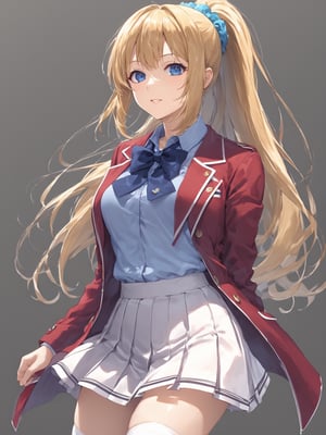 //Quality, masterpiece, best quality, detailmaster2, 8k, 8k UHD, ultra-high resolution, ultra-high definition, highres,
//Character, 1girl, solo, ,
//Fashion,
//Background, white_background,
//Others, ,KaruizawaKei, blue eyes, blonde hair, ponytail, bangs, breasts, hair ornament,
school uniform, red jacket, open jacket, hair scrunchie, bowtie, white skirt, pleated skirt, kneehighs, white socks, shoes,Expressiveh concept art