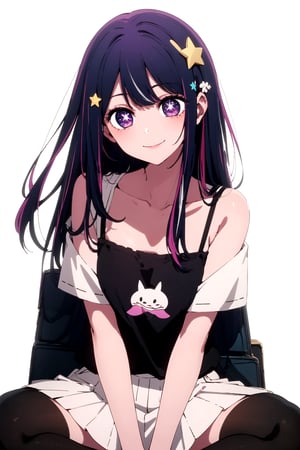 //Quality,
masterpiece, best quality
,//Character,
1girl, solo
,//Fashion, 
,//Background,
white_background
,//Others,
,spread legs, 
,hoshino_ai_oshinoko, long_hair, purple_eyes, purple_hair, bangs, smile, symbol-shaped_pupils, multicolored_hair, star-shaped_pupils, 1girl, collarbone, hair_ornament, symbol shaped_pupils